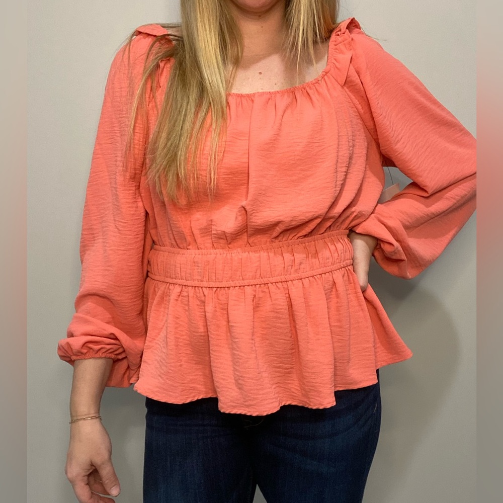NWT Nine West coral Peplum Blouse | long sleeve, square neck peplum | size XL